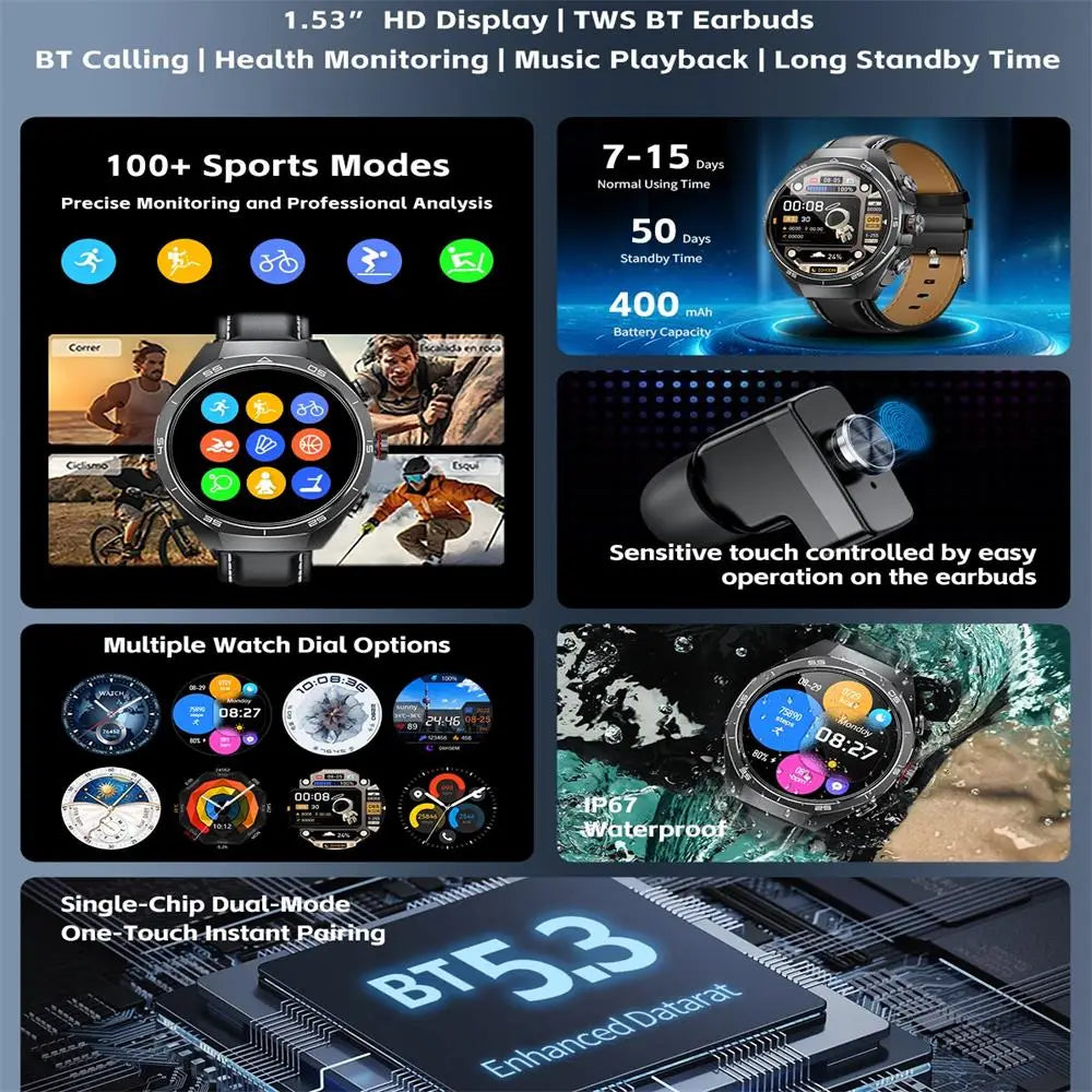2026 New Smart Watch Men TWS 2-in-1 Bluetooth Earphones With Built-in Speaker HIFI  1.53HD SCreen Bluetooth Call IP67 Waterproof