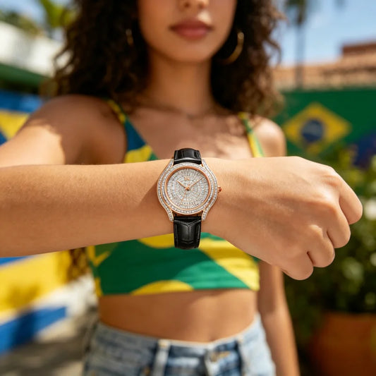 Women's Luxury Crystal Watch, Elegant Quartz with Embedded Diamonds, Round Leather Strap, Casual Business Wristwatch for Women