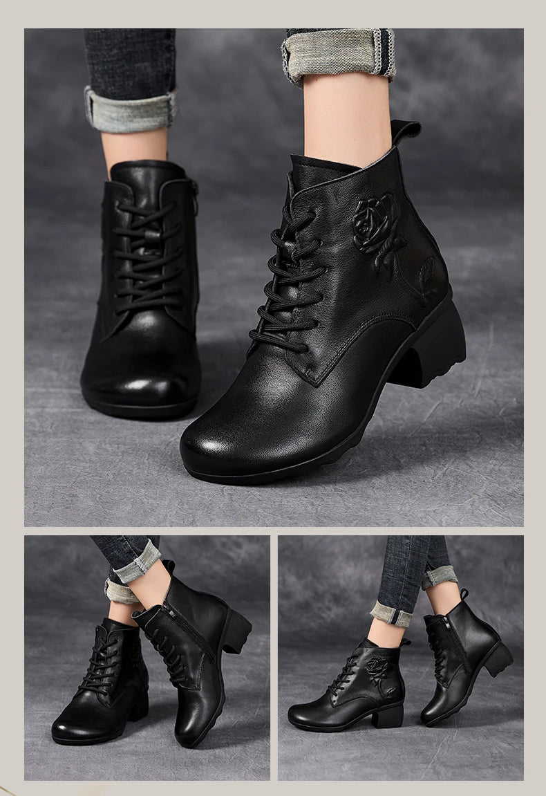 GKTINOO Spring Autumn Women Boots Genuine Leather High Heels Ankle Boots For Women Shoes Retro Handmade Zipper Short Boots