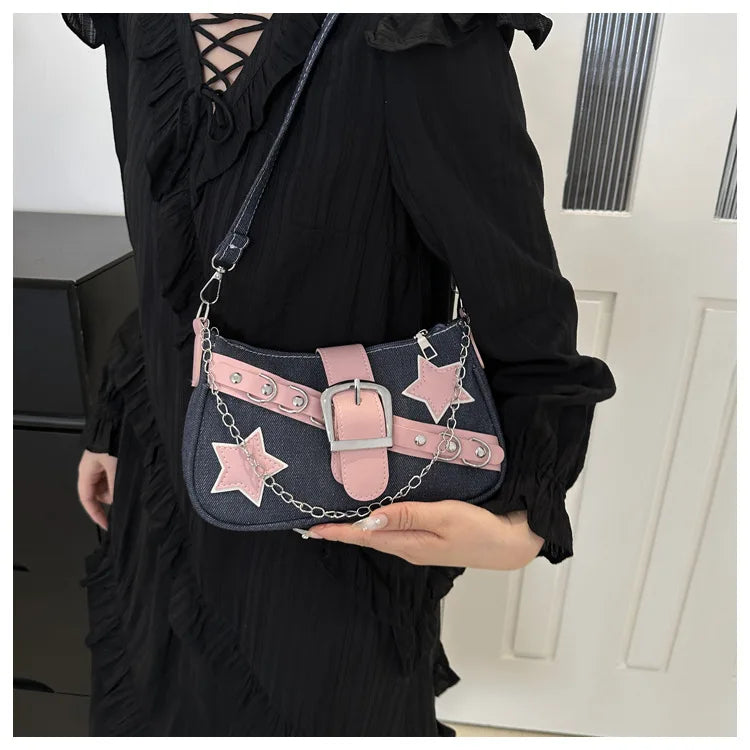 Y2k Hot Girls Denim Shoulder Bags Retro Rivet Star Women's Underarm Bag Portable Female Chain Armpit Bag Small Purse Handbags