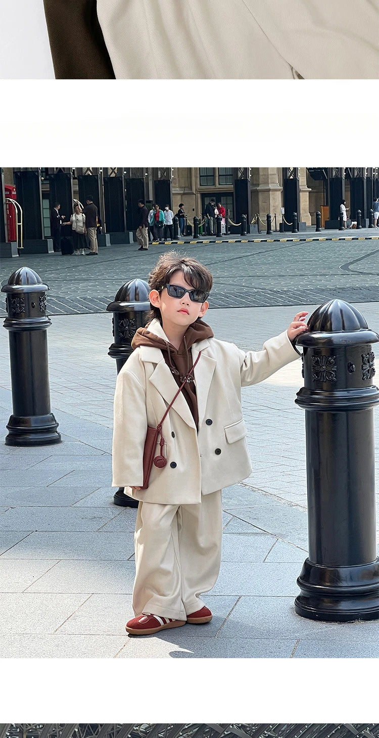 Boys Woolen Suit Set Autumn Winter Thicken Warm Casual Blazers Trousers Two-piece Children White Wedding Outfits 2 To 12 Years