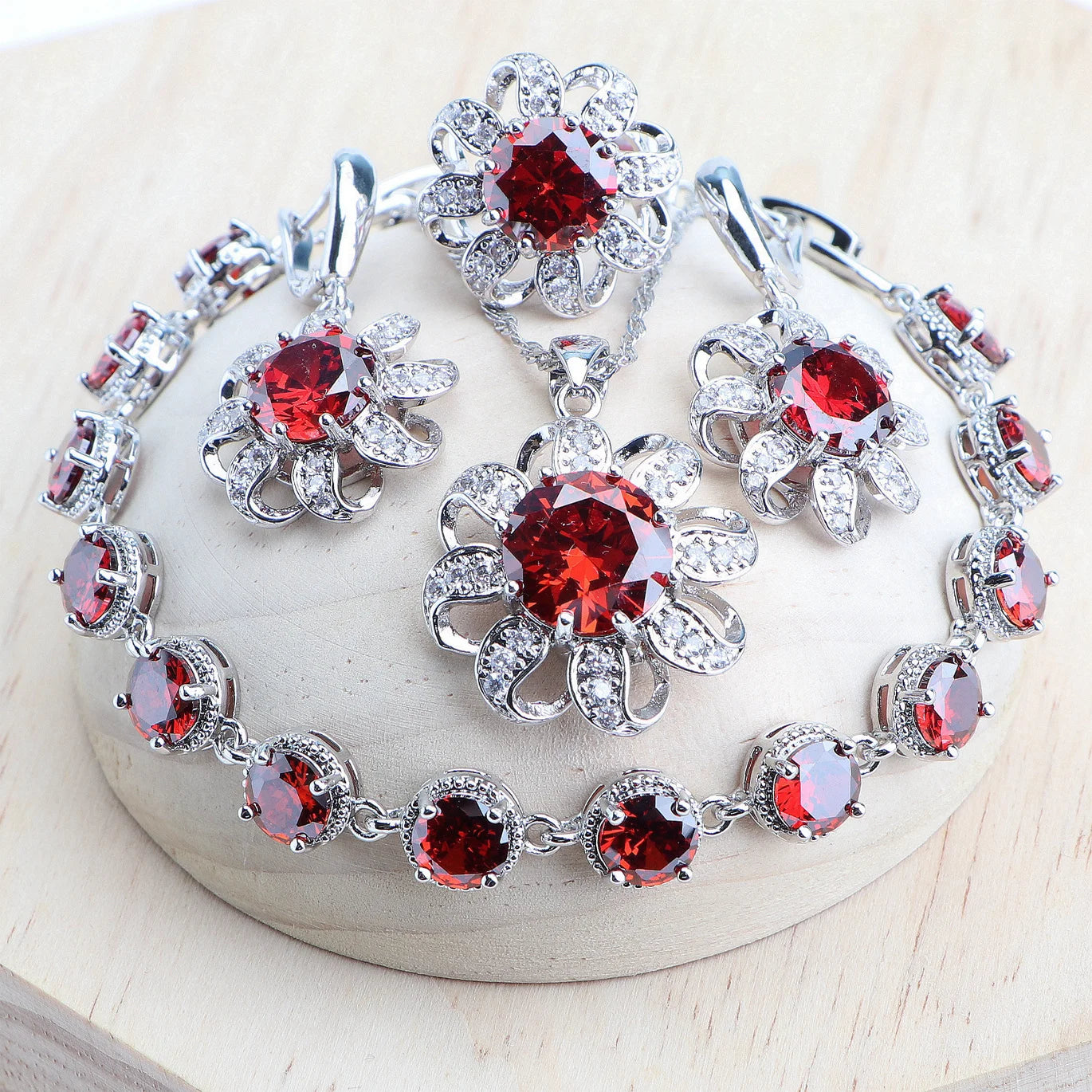 Round Red Zircon Wedding 925 Silver Jewelry Sets Bridal Jewelry Stones Earrings Rings Bracelets Pendant Necklace Set For Women