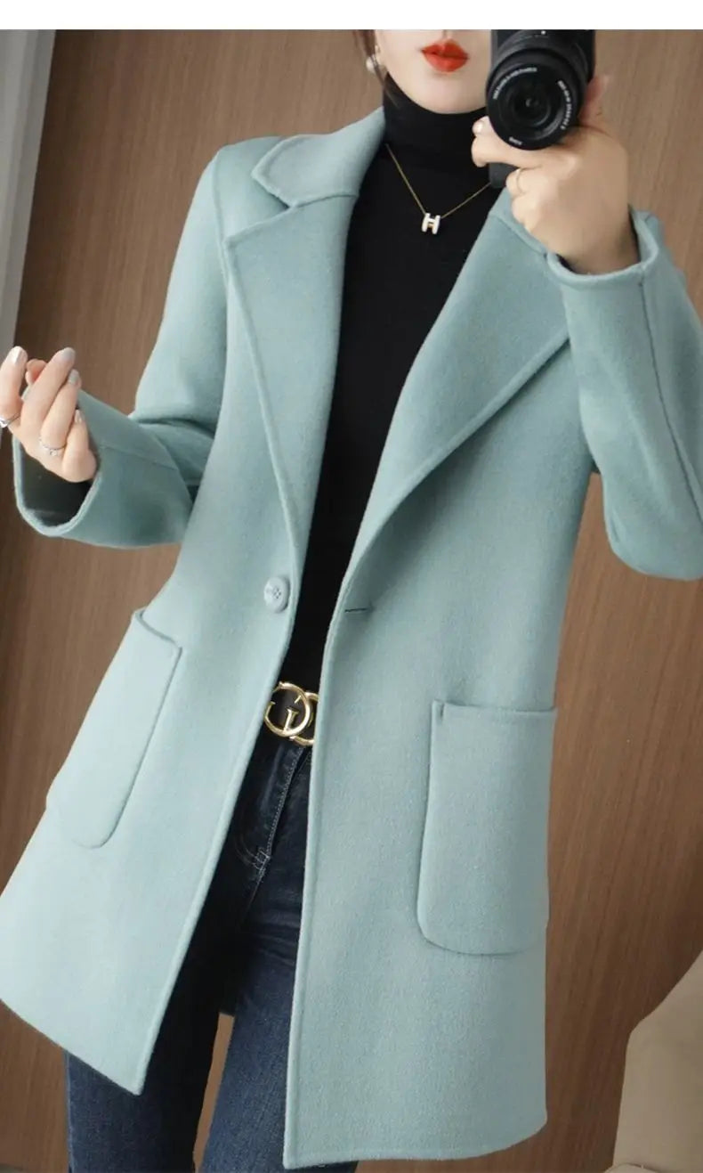 100% Pure Wool Double-Sided Cashmere Jacket Women Overcoat  Autumn Winter New Mid-Length One-Button Slim Wool Windbreakers coat