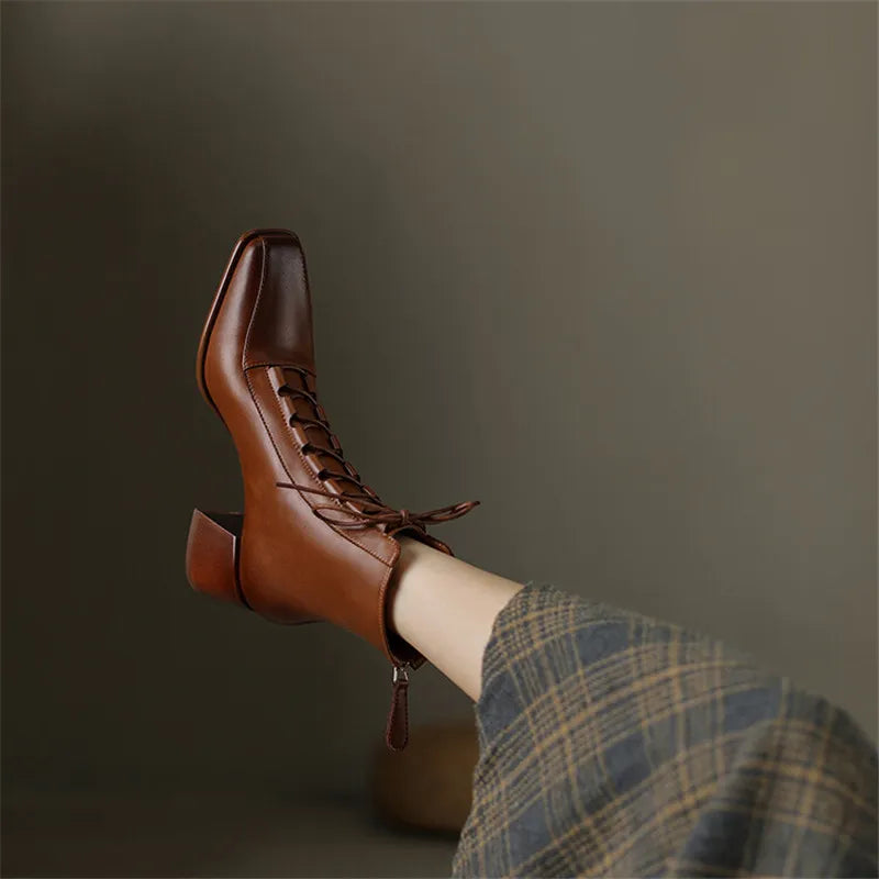 2022 Autumn Women Boots Square Toe Back Zipper Women Shoes Chunky Heels Shoes for Women High Heel Boots Vintage Leather Shoes