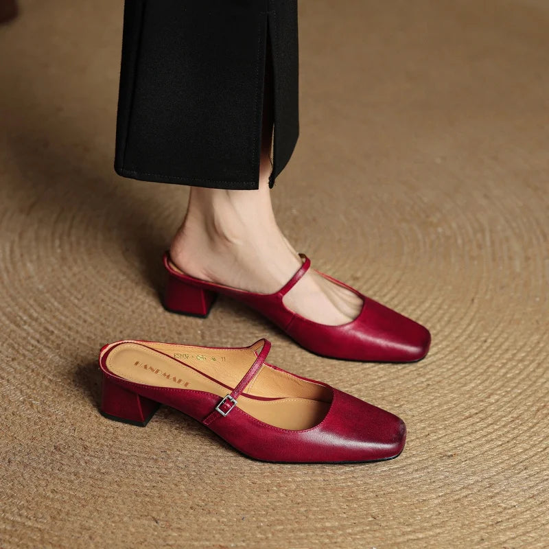 2026 New Summer Women Mules Genuine Leather Women Shoes Squared Toe med Heel Cover Toe Slingback Shallow Modern Slippers