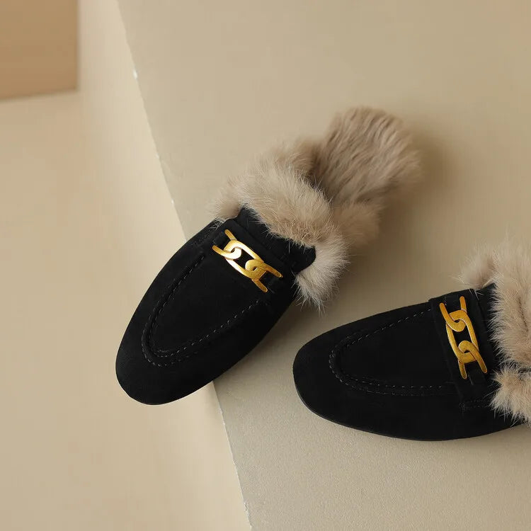 2023 Winter Sheep Suede Women Shoes Rabbit Hair Mules Shoes for Women Round Toe Low Heel Slippers Chunky Heel Cover Toe Slippers
