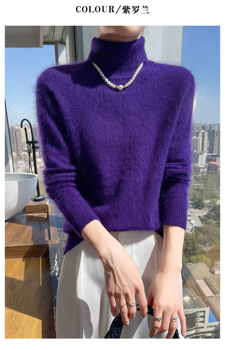 100% Mink Cashmere Top-Lapel Women Sweater Long-sleeves Fashion High-elasticity Sexy Winter Knitted Pullover Girl Tops 2024