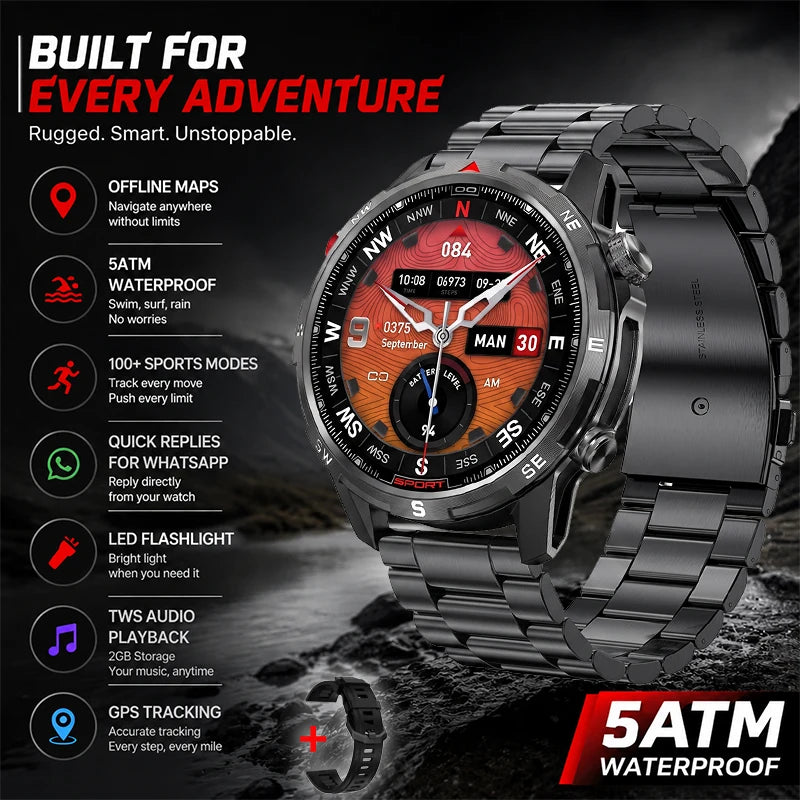 New Outdoor Smart Watch 1.43inch Screen 2GB Memory Map Navigation GPS Positioning 5ATM Waterproof LED Flashlight Smart Watch