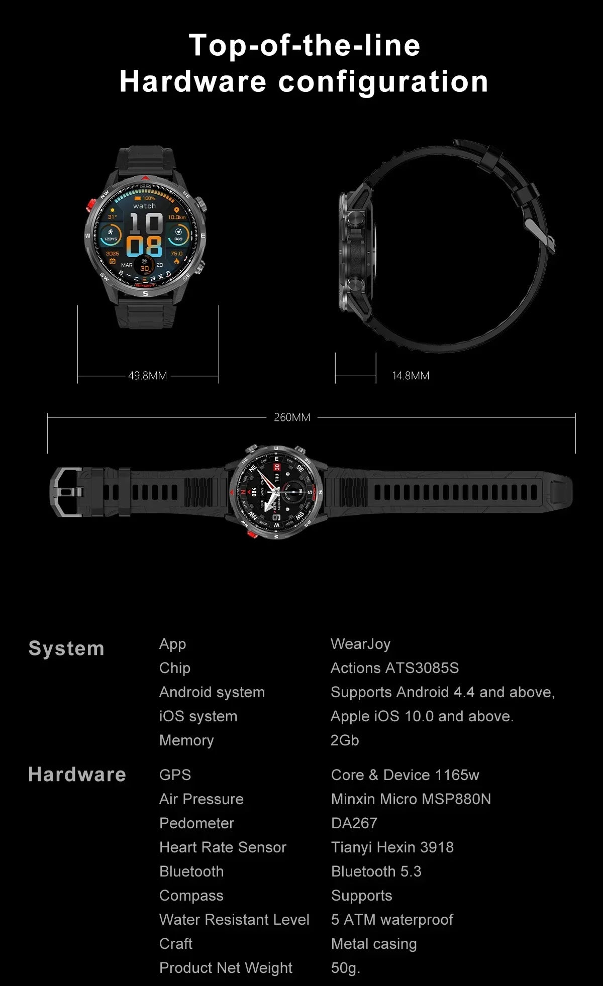 New Outdoor Smart Watch 1.43inch Screen 2GB Memory Map Navigation GPS Positioning 5ATM Waterproof LED Flashlight Smart Watch