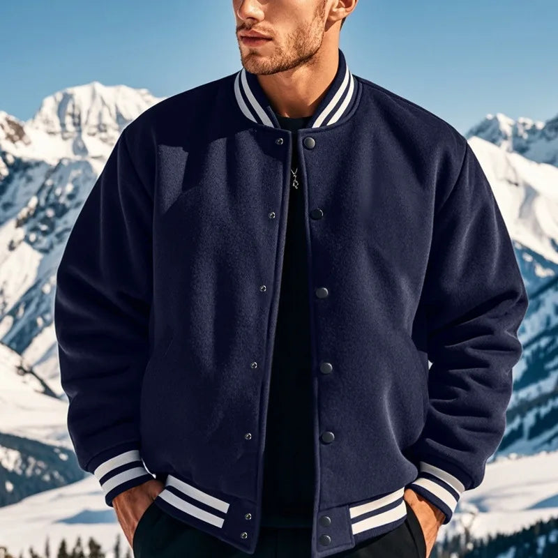 Men's baseball jacket autumn and winter fleece American solid color loose casual stand-up collar single-breasted flight jacket
