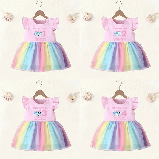 Baby Girl Clothes Birthday Dress Cartoon Shark Cute Princess Vestidos Toddler Girls Rainbow Mesh Party Dresses