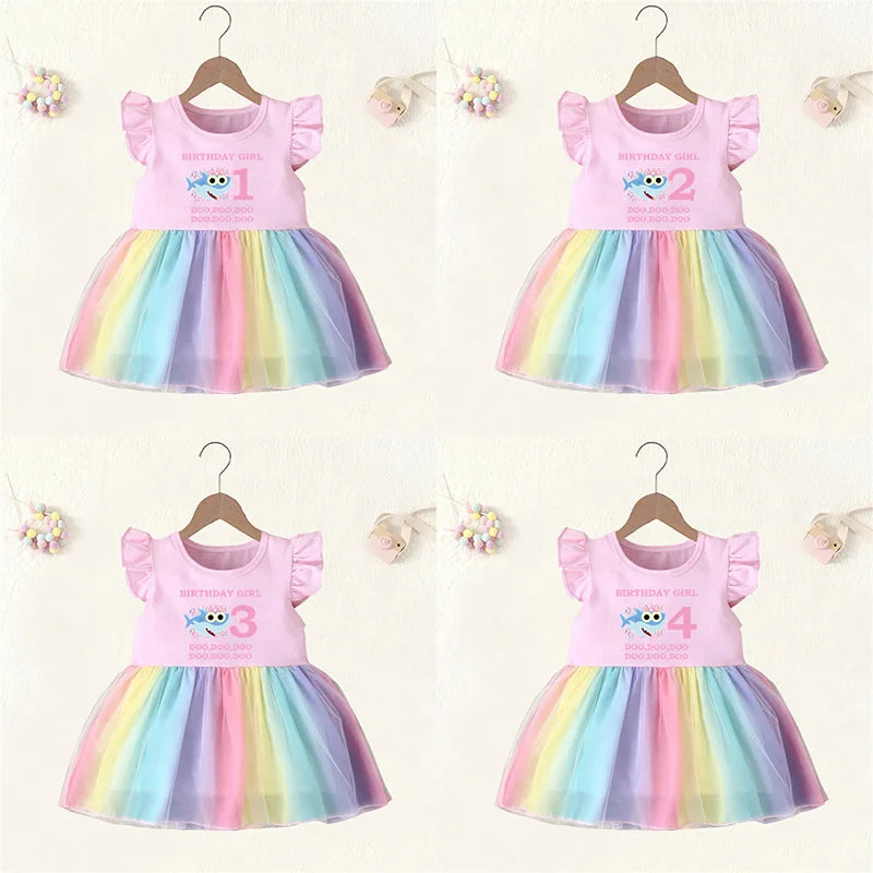 Ropa para niña de 1, 2, 3 y 4 años, vestido de cumpleaños, Vestidos de princesa bonitos de tiburón de dibujos animados, Vestidos de fiesta de malla de arcoíris para niñas pequeñas