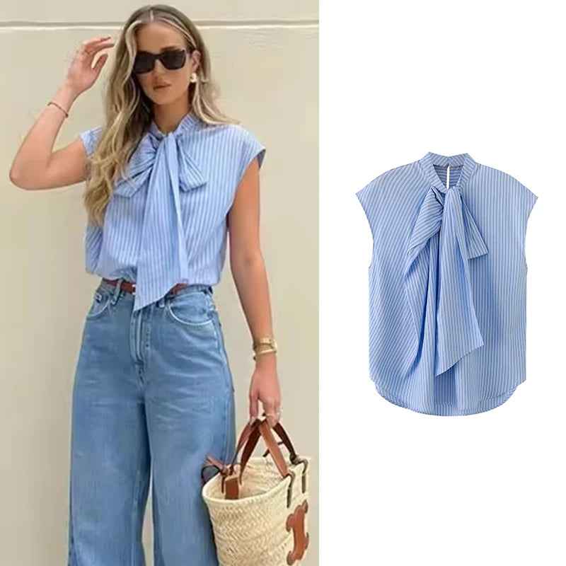 2026 New Women's Shirts Summer Fashion Striped Blouse Elegant Scarf Collar Office Women's Blouse Street Chic Young Tops
