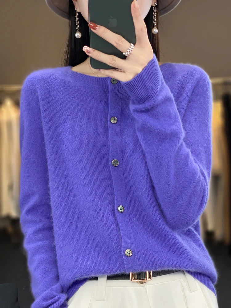 Women Cashmere Sweater 100% Merino Wool Knitted Cardigan Autumn Winter  Knitwear O-Neck Female  Solid Color Casual Fashion Top