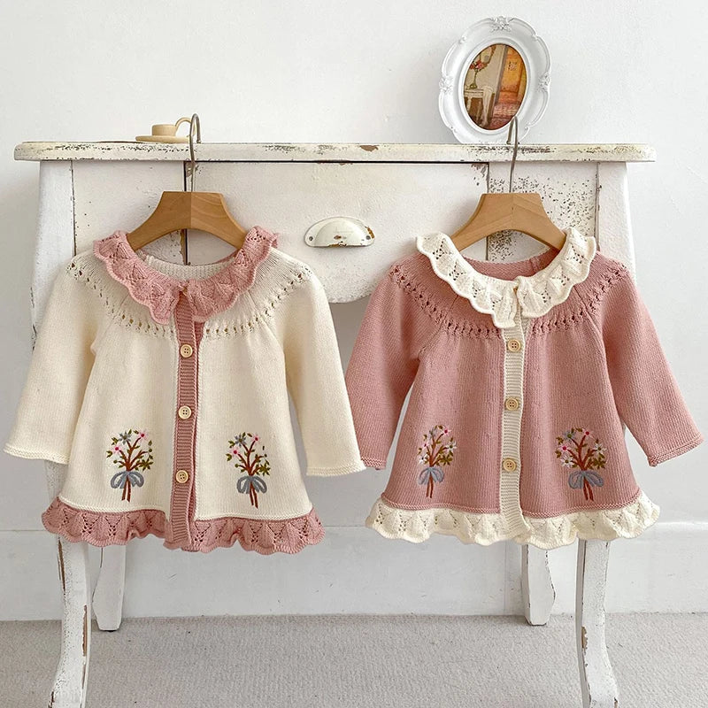 Suéteres de otoño para bebé, ropa para niña, Top de punto, cárdigan con solapa de encaje bordado, abrigo infantil de punto de manga larga, ropa para recién nacido