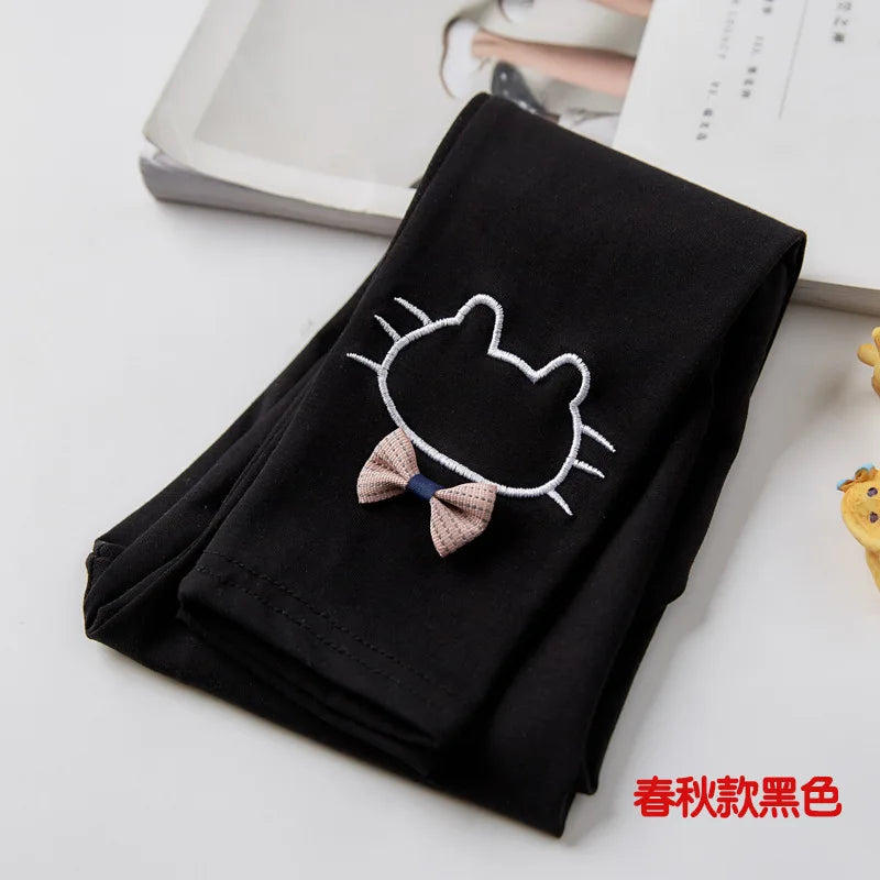2023 Children Girls Leggings Cotton Elastic Waist Spring Autumn Thin Warm Plus Cute Print Bow Cat Kids Baby Bottom Part Pants