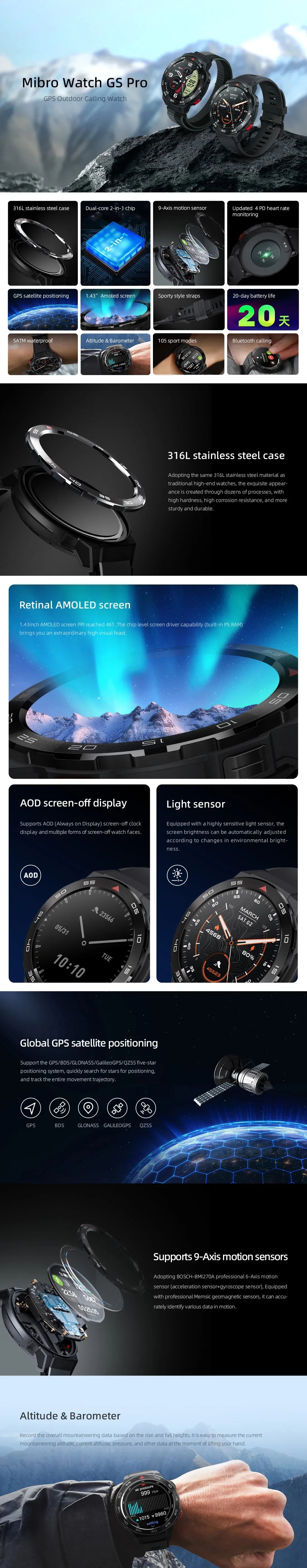 Mibro GS Pro Smartwatch GPS Positioning 1.43Inch AMOLED HD Screen 5ATM Waterproof Bluetooth Call Sports Women Men Smart Watches