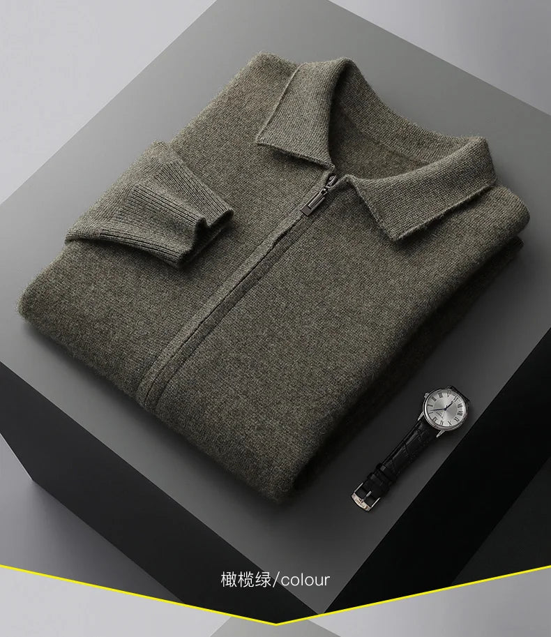 Men's Cardigan 100% Pure Cashmere Jacket Zippered Lapel Knit Sweater, Loose Thickened Long Sleeved Business Casual Autumn Winter