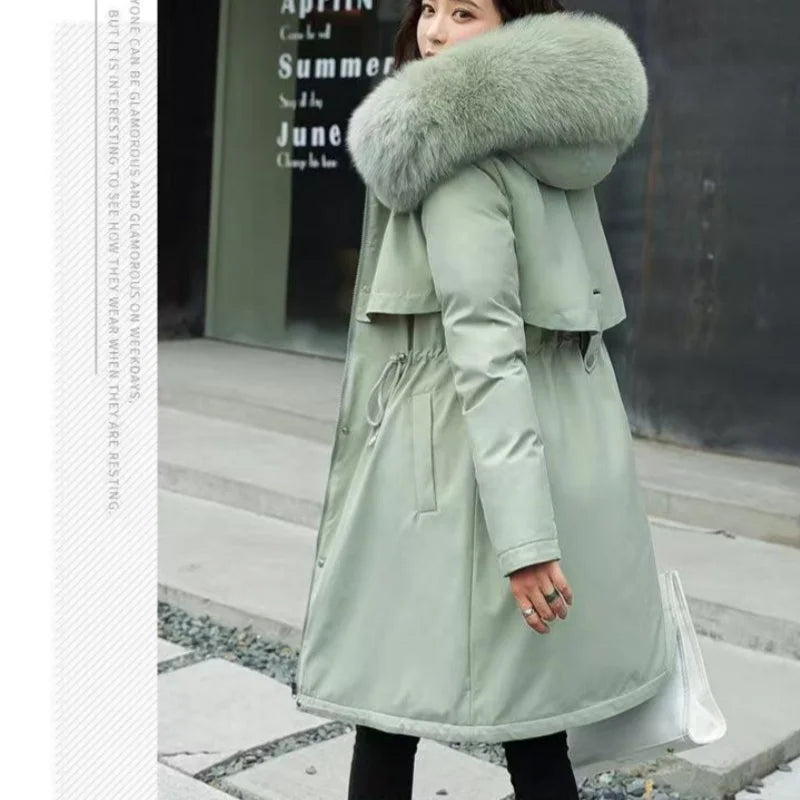 Winter Women Clothes Wool Liner Jacket Casual Thick Parka Fur Collar Long Coat Warm Hooded Snow Wear Padded Solid Colour Jackets