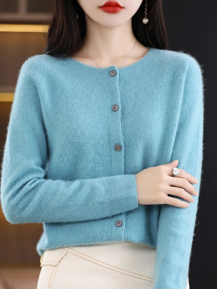 Women Cashmere Sweater 100% Merino Wool Knitted Cardigan Autumn Winter  Knitwear O-Neck Female  Solid Color Casual Fashion Top