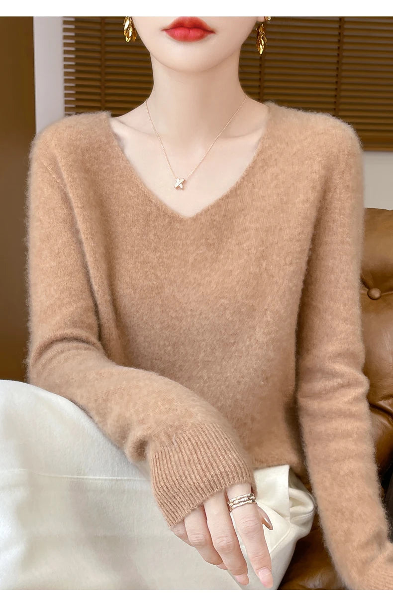 Fashion Pullover 100% Merino Wool Women Sweater V-Neck Long Sleeve Basic Jumper Spring Autumn Winter Clothing Knitwear Tops