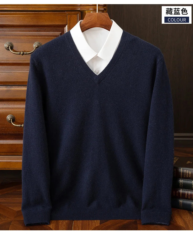 100% Cashmere Men's Pullover Casual Solid Color Knitted Sweater Loose Pull V-Neck Tops Basic Versatile Jumper