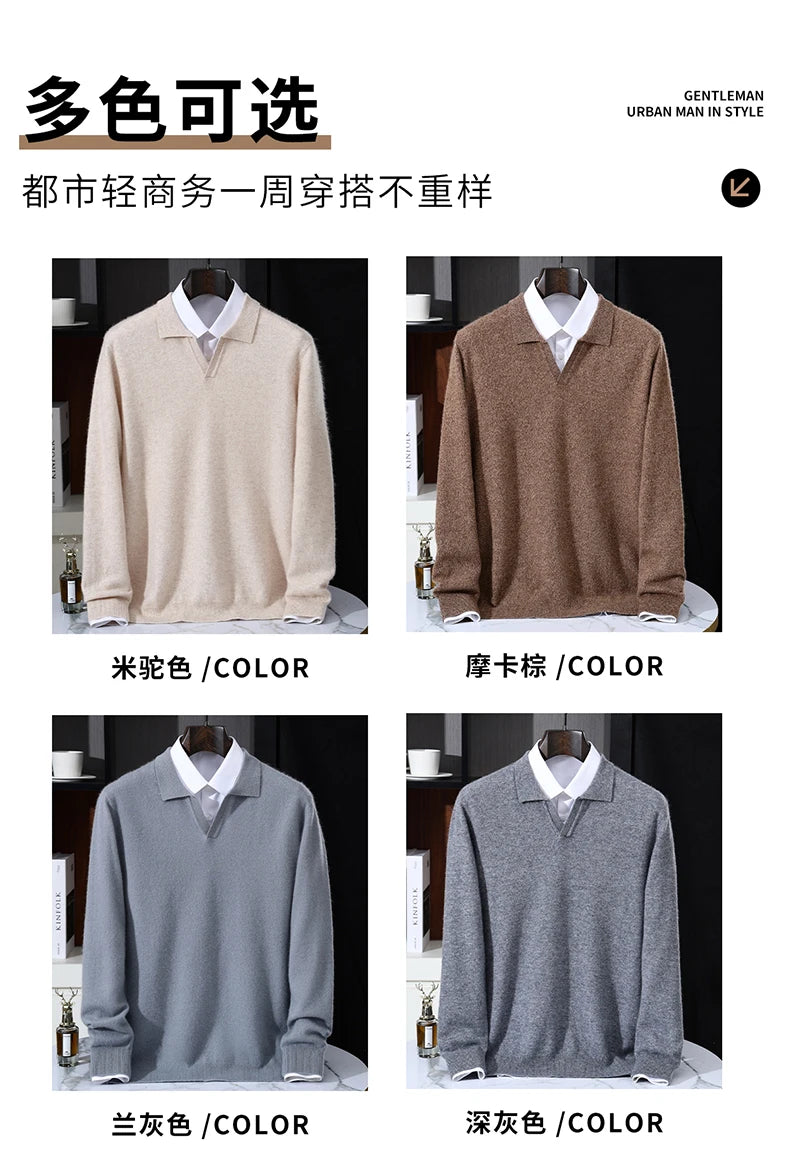 Autumn/Winter Men's 100% Pure Cashmere Pullover Business Casual Solid Knitted Sweater Loose Collar Tops Thick Warm Base Jumper