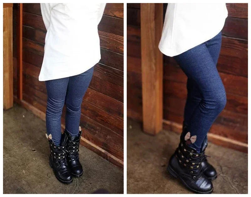 Girls Jean Pants Autumn Winter Warm Children Leggings Thicken Velvet Bowknot Kids Trousers Baby Girl Pants Icing Leggings