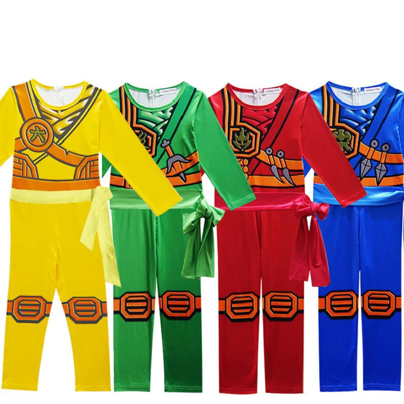 Boys And Girls Children Ninja Cosplay Street Costume 5 Colors Red Yellow Blue Green Black Jumpsuit Set Halloween Christmas Party