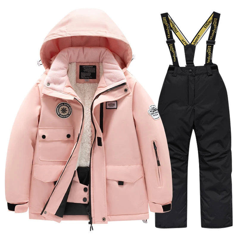 Winter children's skiing suit for boys and girls, windproof and waterproof thick coat for warmth and snow playing equipment