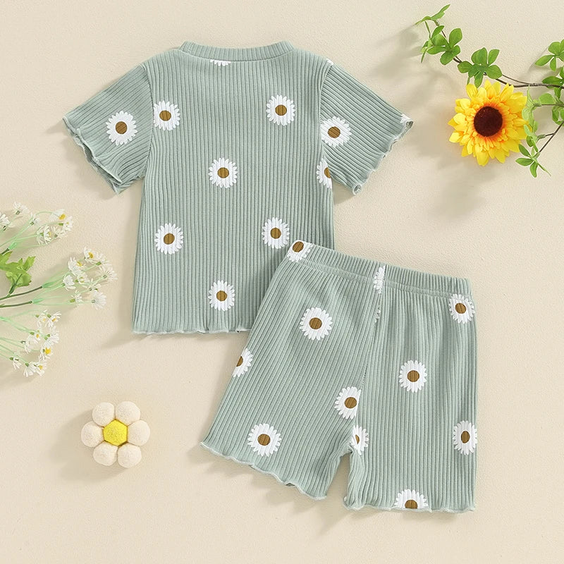 Toddler Baby Girl Summer Clothes Ruffle Ribbed Knit Short Sleeves T-Shirt Tops Shorts Cute Outfits Set