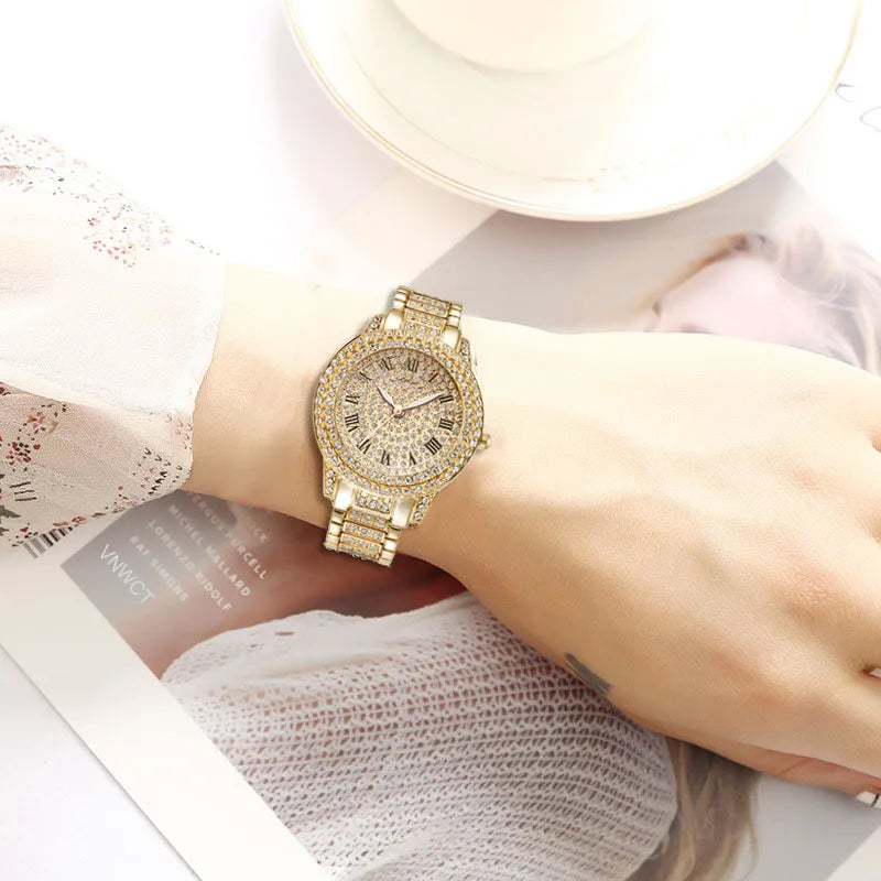 Luxury Women Watches Fashion Diamond Golden Ladies Quartz Watch Bracelet Set Dial Simple Rose Female Chain Women Watches