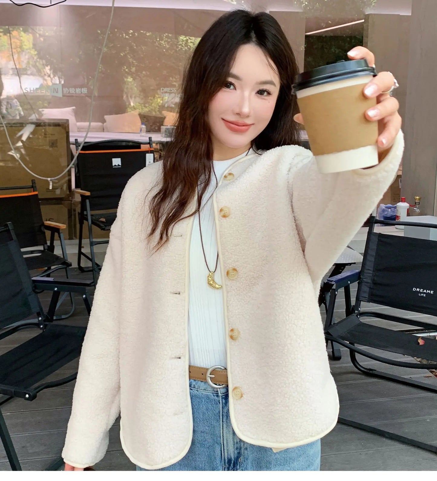 Round Neck Imitation Cashmere Jacket for Women Autumn Winter New Polar Fleece Casual Cardigan Long-sleeved Loose Top