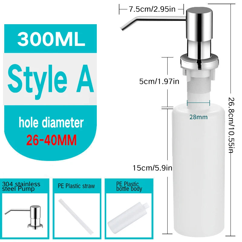 Stainless Steel Sink Soap Dispenser Kitchen Detergent Liquid Soap Dispenser Refillable Hand Press Sink Built-in Bottle