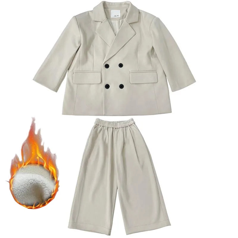 Boys Woolen Suit Set Autumn Winter Thicken Warm Casual Blazers Trousers Two-piece Children White Wedding Outfits 2 To 12 Years