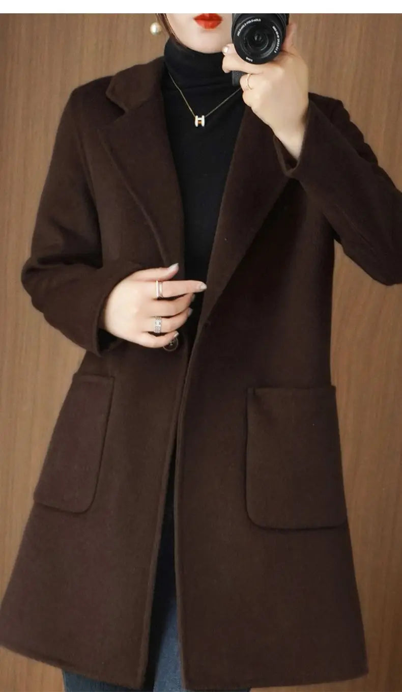 100% Pure Wool Double-Sided Cashmere Jacket Women Overcoat  Autumn Winter New Mid-Length One-Button Slim Wool Windbreakers coat