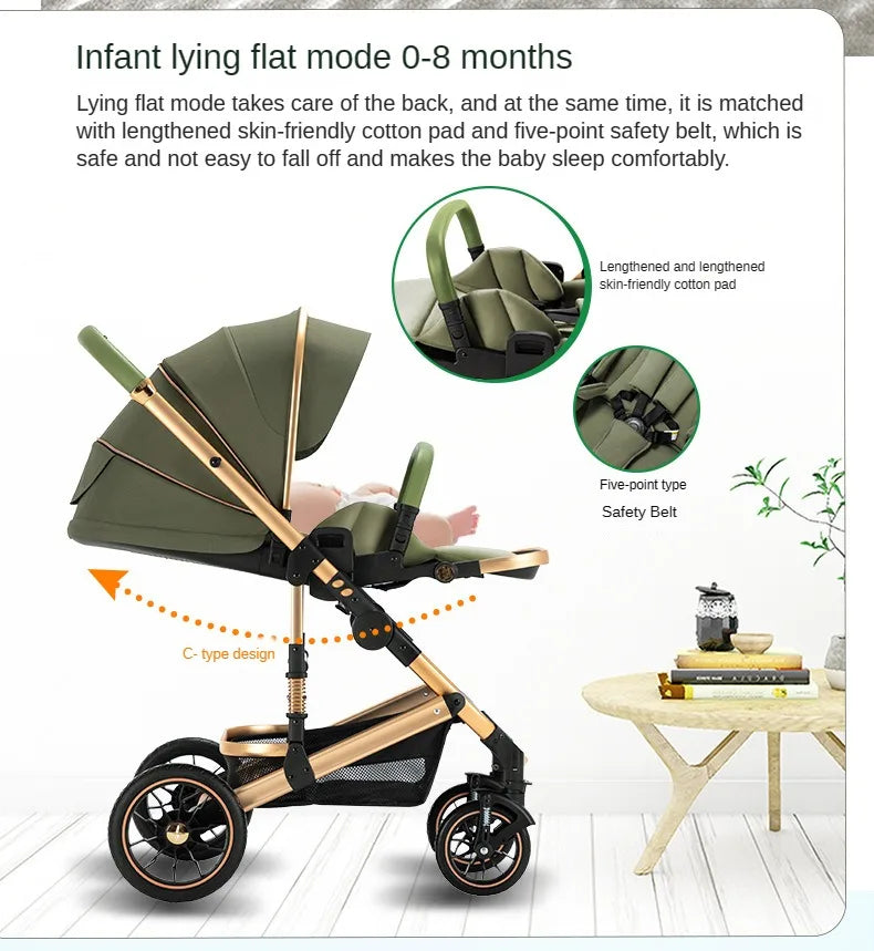 High View Two-way Stroller Eggshell Sleeping Basket Can Sit or Lie Down Lightweight Four Wheel Stroller Luxury Trolley Pushchai