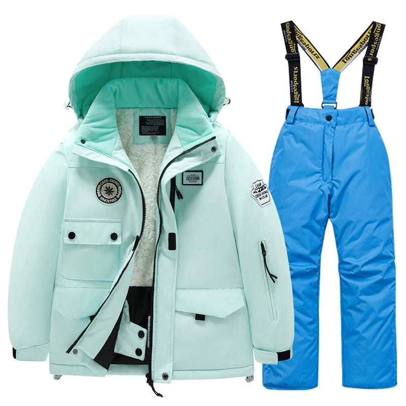 Winter children's skiing suit for boys and girls, windproof and waterproof thick coat for warmth and snow playing equipment