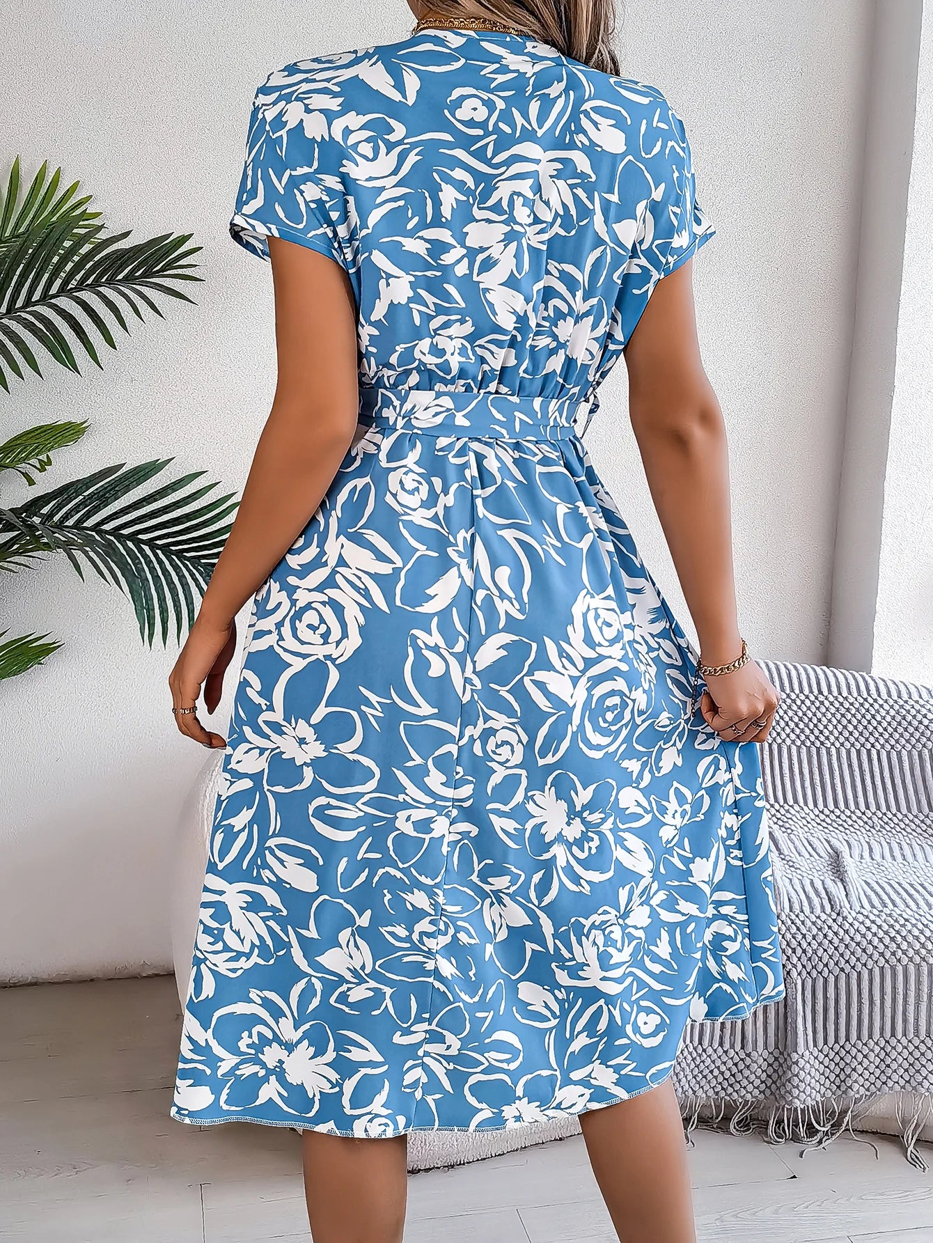 Spring Summer Casual Woman Dresses 2026 Fashion Buttons V Neck Flower Print Short Sleeve A Line Dress with Belt