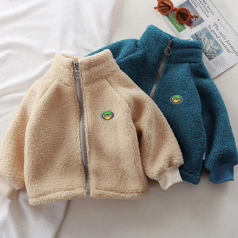 Children Plush Jacket Winter Baby Clothes Windproof Warm Thicken Velvet Kids Coat Boy Girl Toddler Lamb Fleece Turtleneck Tops