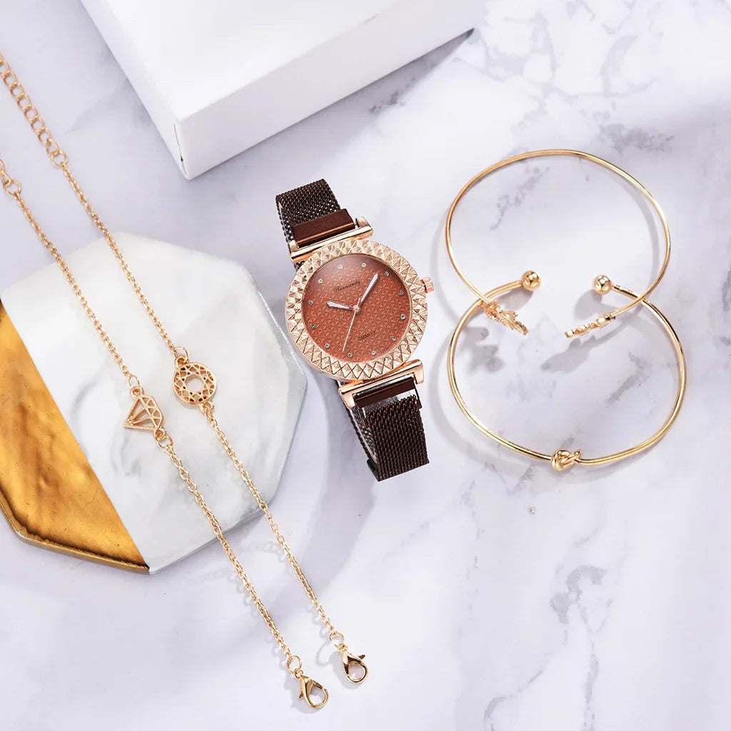 Luxury 5pcs Set Bracelet Watch Women Elegant Magnet Diamond Ladies Quartz Wrist Watch Dress Pink Clock Reloj Mujer Dropshipping