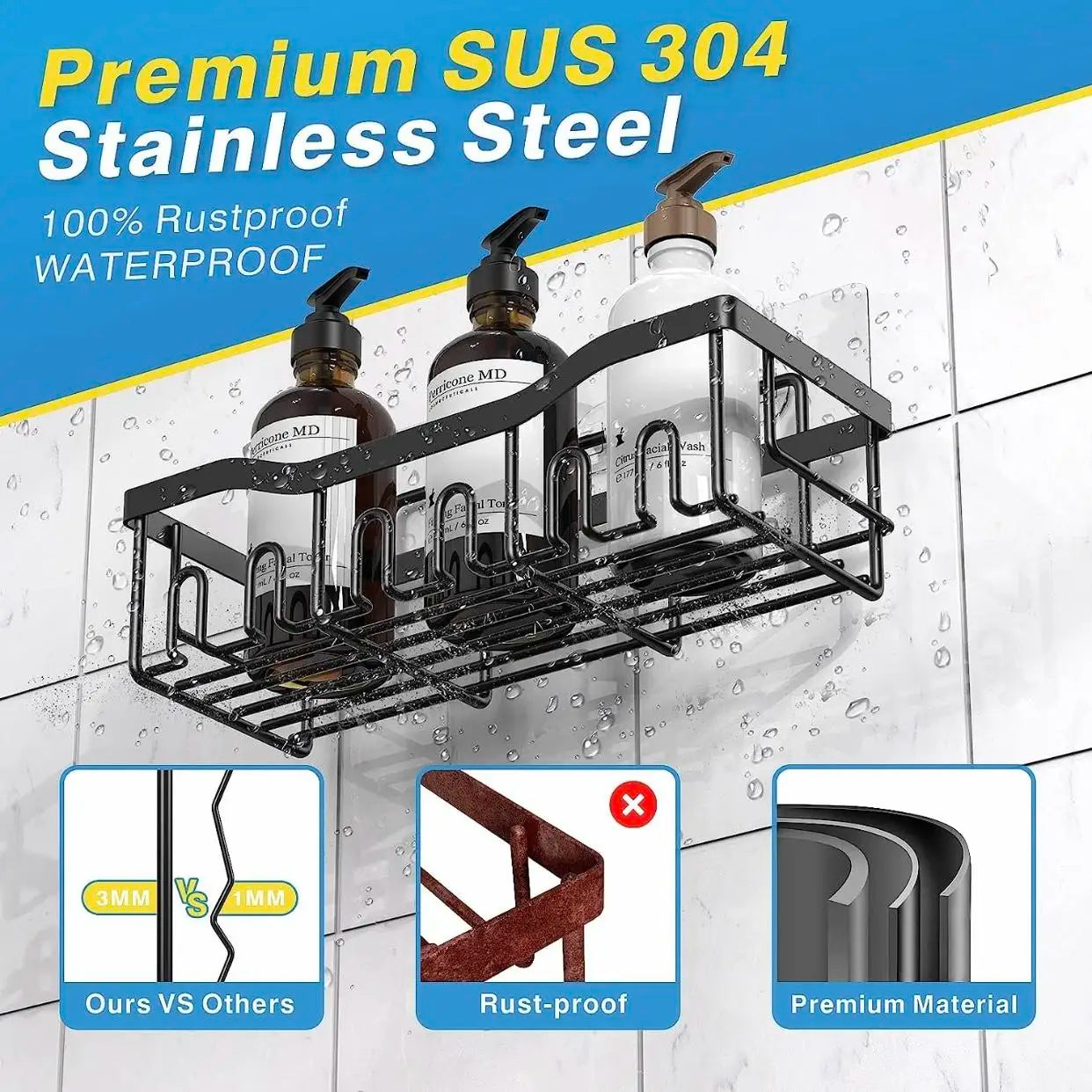 3/5 Pack Shower Organizer , Adhesive Shower Caddy with No Drilling,  Rustproof Stainless Steel for Bathroom and Storage&Kitchen