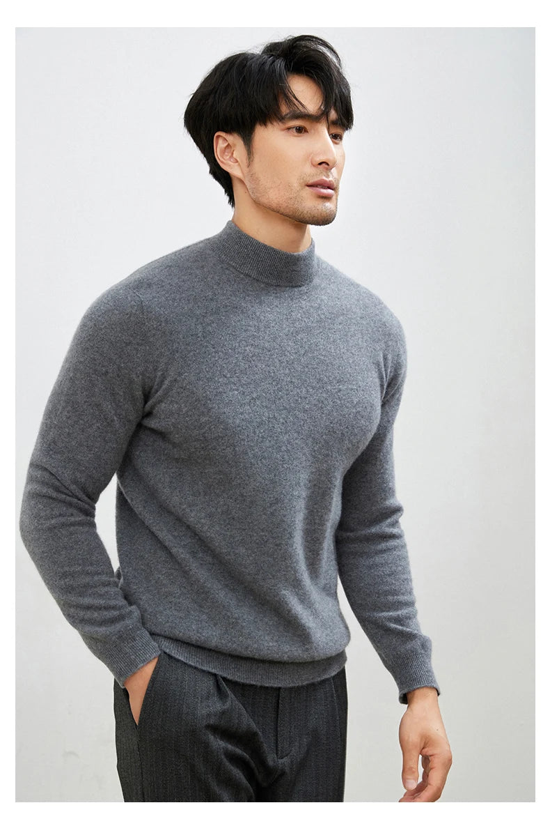 100% Pure Cashmere Men's Sweater Half High Neck Pullover Youth Business Casual Long Sleeve Jumper Spring/Autumn High-End Jacket