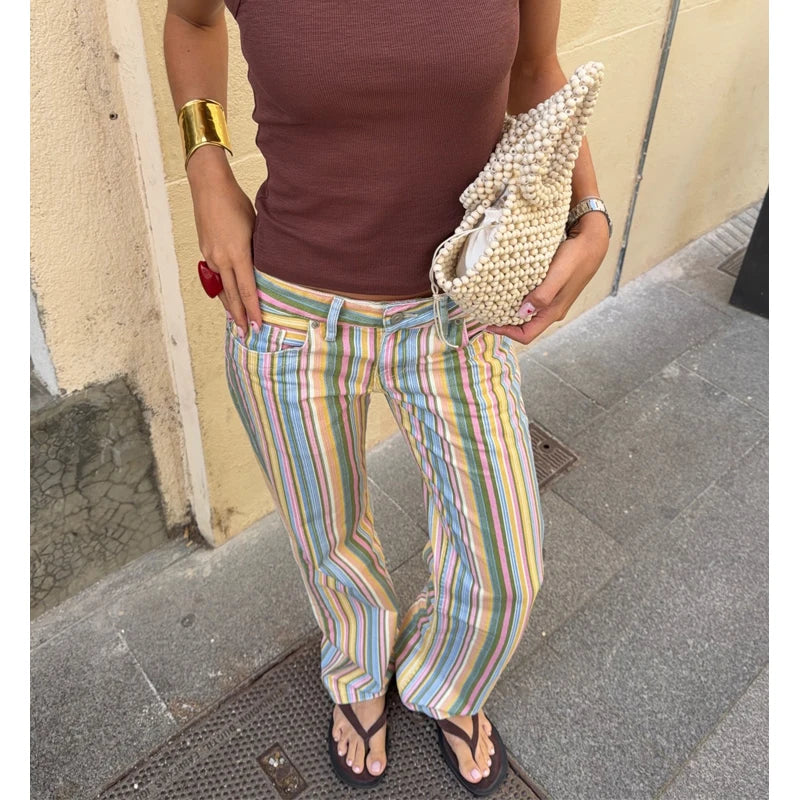 MUJER Striped Women's Jeans Pants Low Rise Baggy Pants Jeans Women Fashion Summer Denim Trousers Women Wide Leg Pants for Women