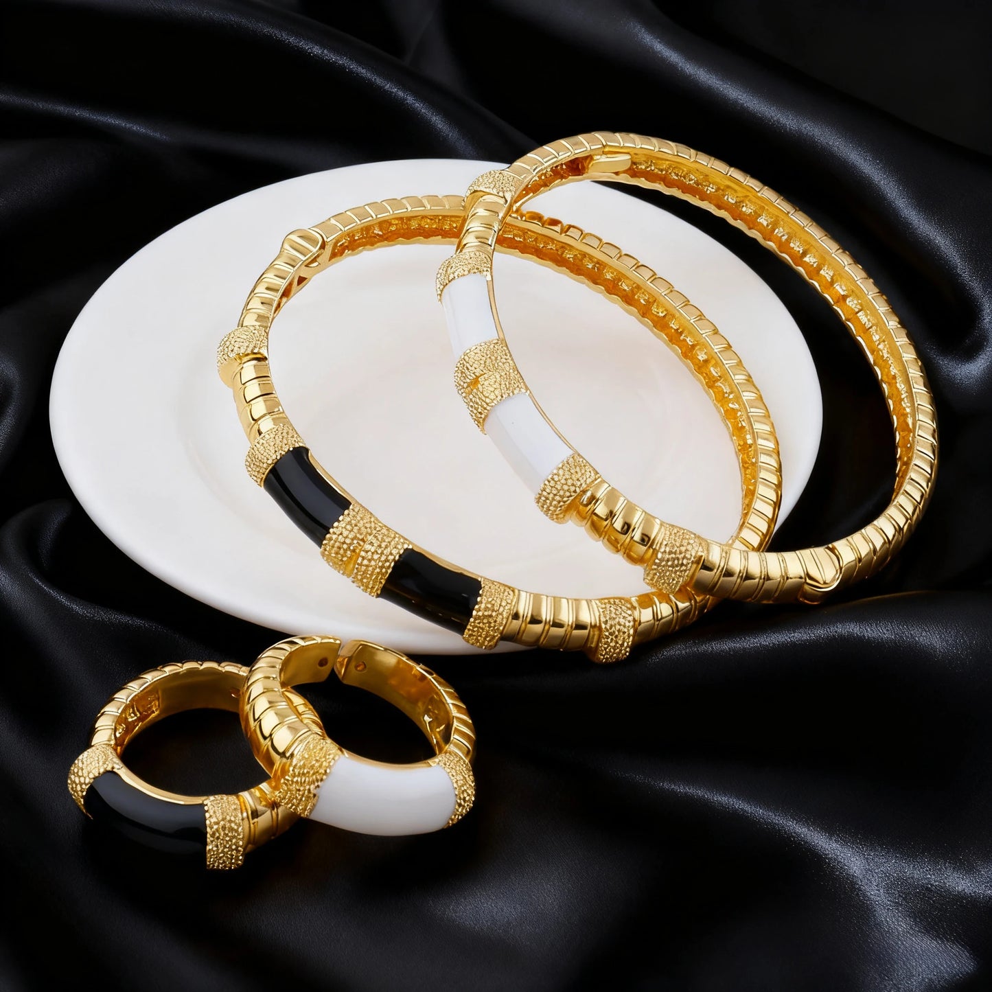 18K Gold Color Plated Dubai Bracelets Luxury Arabian Wedding Jewelry Sets, Hidden Buckle Women’s Bracelets and Rings Jewelry Set