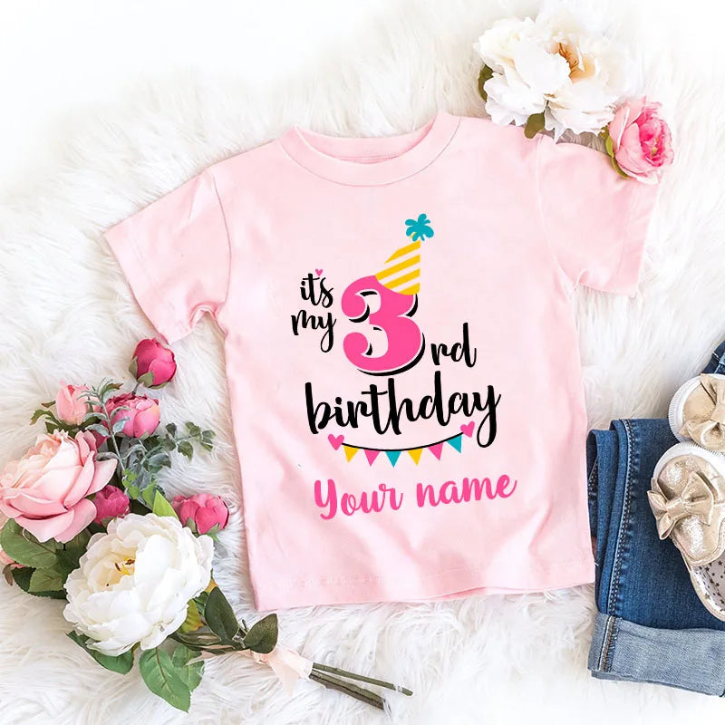 Camiseta personalizada de dibujos animados de cumpleaños para niña, camiseta número 1, 2, 3, 4, 5, 6, 7, 8, ropa gráfica para niños, trajes de fiesta de cumpleaños