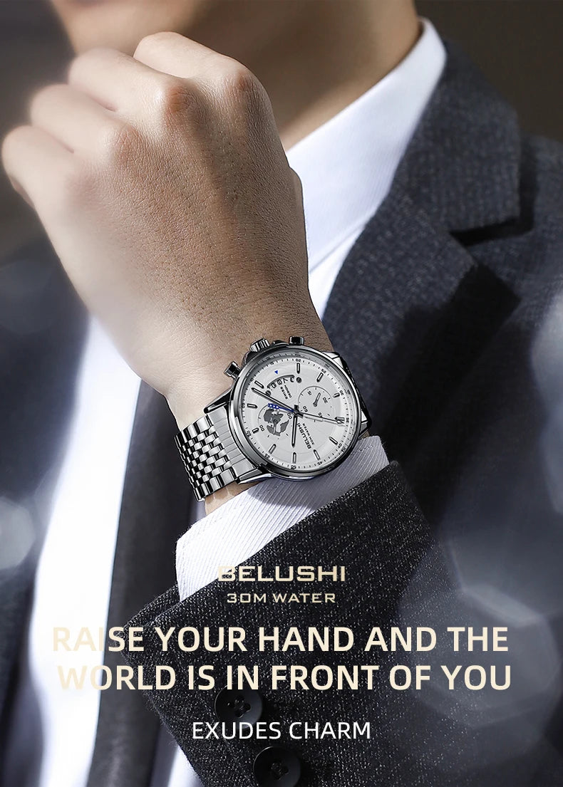 BELUSHI New Men Watches Luxury Brand Business Casual Watch For Men Stainless Steel Big Dial  Quartz Chronograph Clock Waterproof