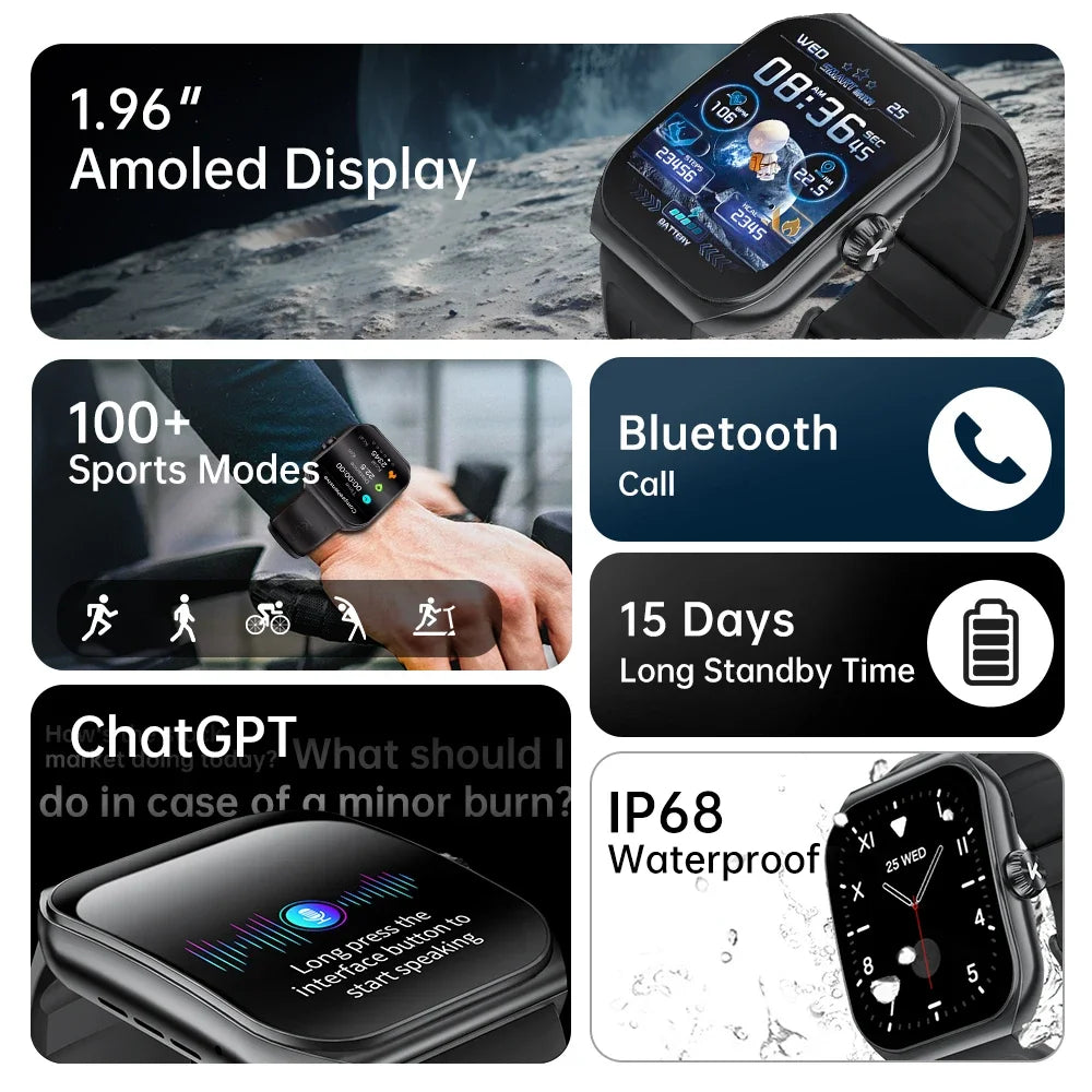 KUMI KU7 Smartwatches 1.96" Amoled Screen 100+Sport Modes NFC IP68 Waterproof  Bluetooth Call Health Sleep Monitoring SOS