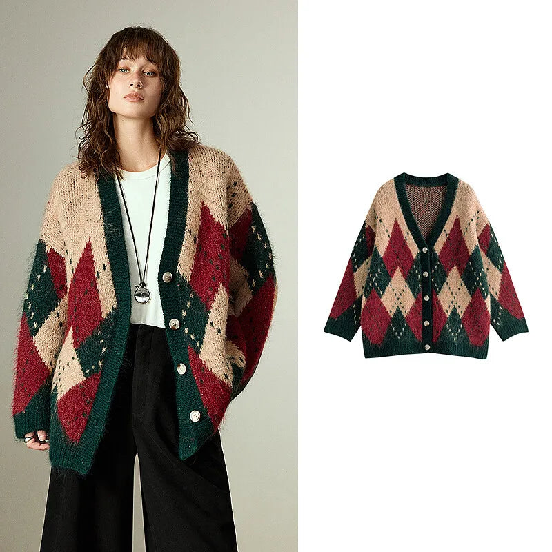 TOYOUTH Women Sweater Coats 2025 Winter New Retro Nordic Colorblock Argyle V-Neck Loose Wool-Blend Outerwear