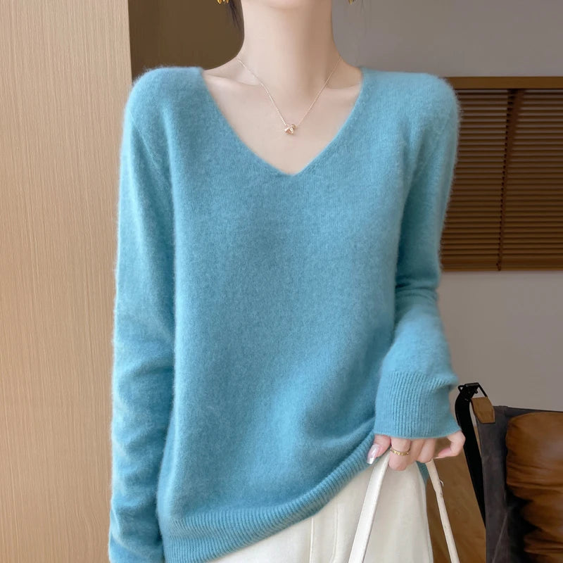 Fashion Pullover 100% Merino Wool Women Sweater V-Neck Long Sleeve Basic Jumper Spring Autumn Winter Clothing Knitwear Tops